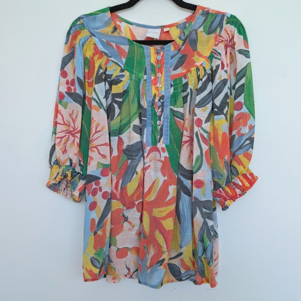 Zac & Rachel Colorful Tropical Floral Button Lightweight Coastal Blouse Sz 1X